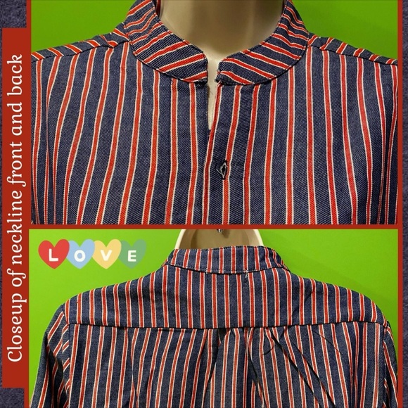 NWT S COTTON LONG LENGTH TUNIC RED WHITE BLUE STRIPE-VELZERA (missing 1 button) - Picture 5 of 12